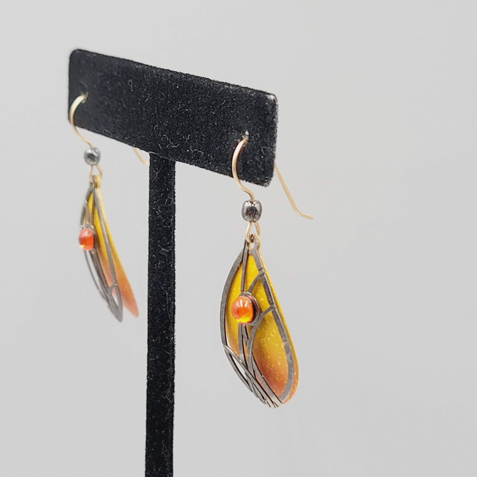 Butterfly Metal Wing Style Pierced Earrings Yellow Enamel Goldtone Dangle 1 1/8"