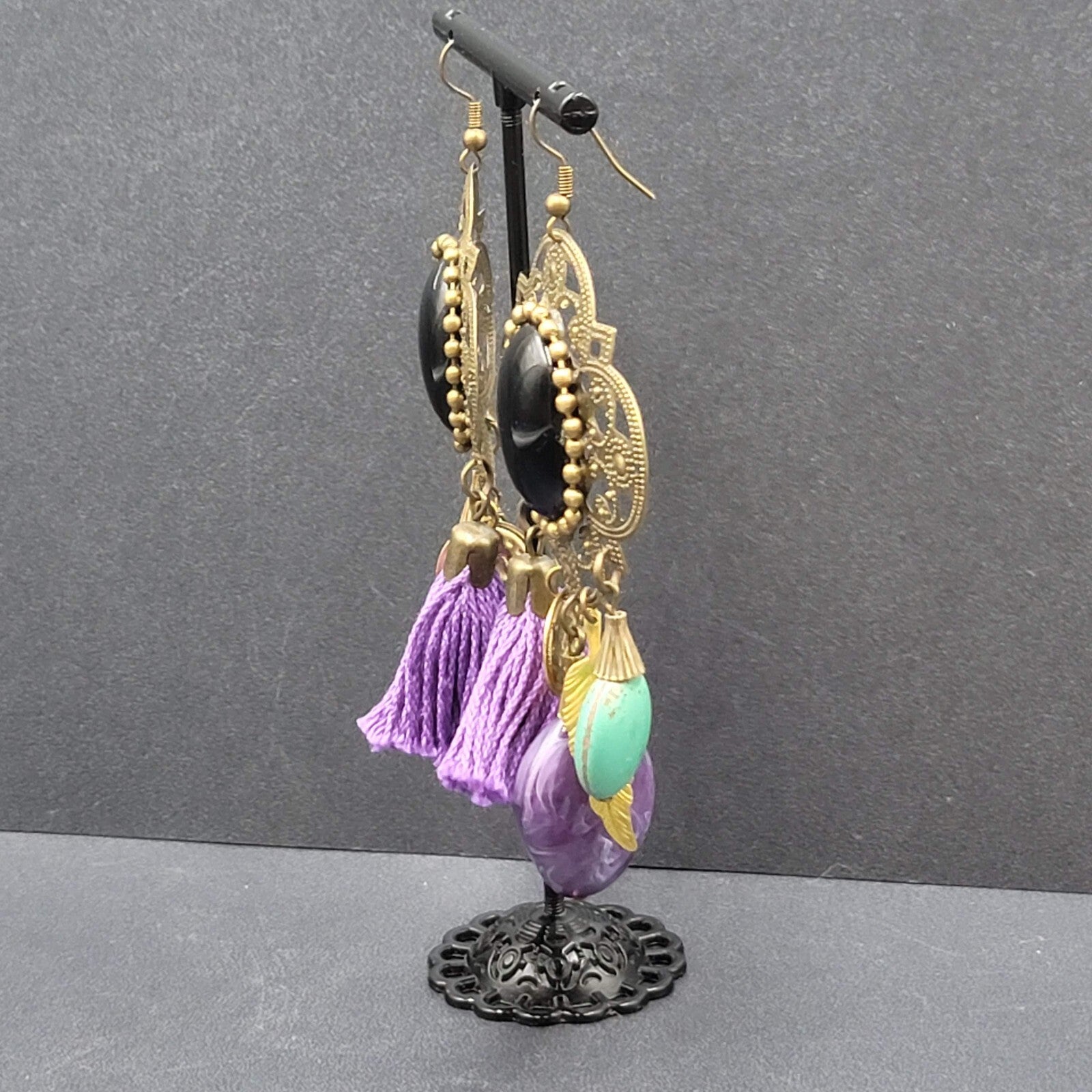 Pierced Earrings Large Statement Bronze tone Purple Tassel Boho Charms 3.5"