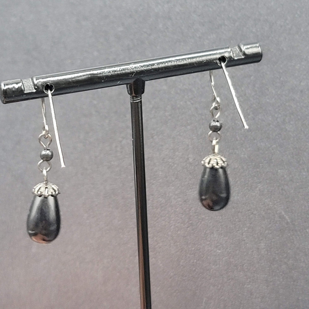 Pierced Earrings Black Metal Capped Teardrop Bead 3/4"