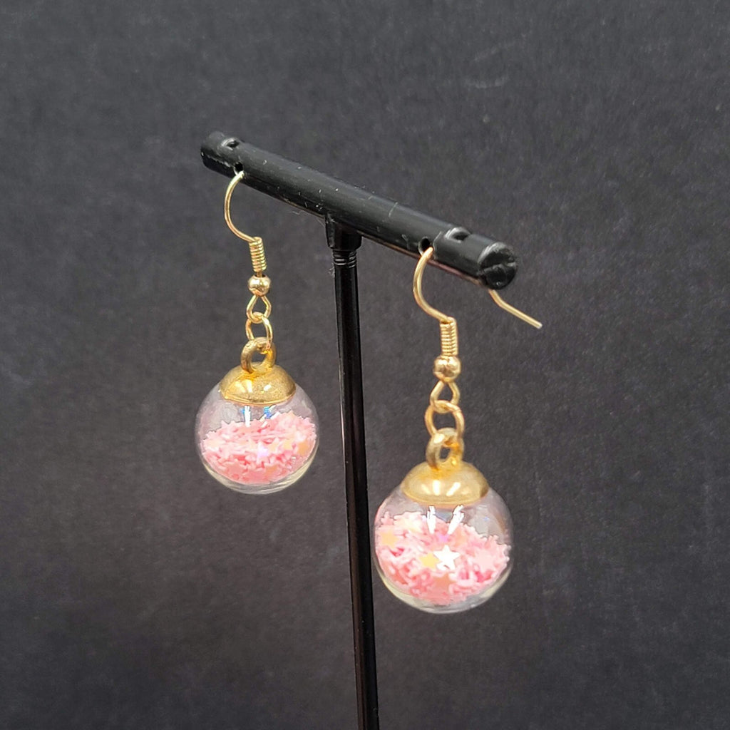 Pierced Earrings Silver tone Pink Star Confetti Glass Dangle 3/4"
