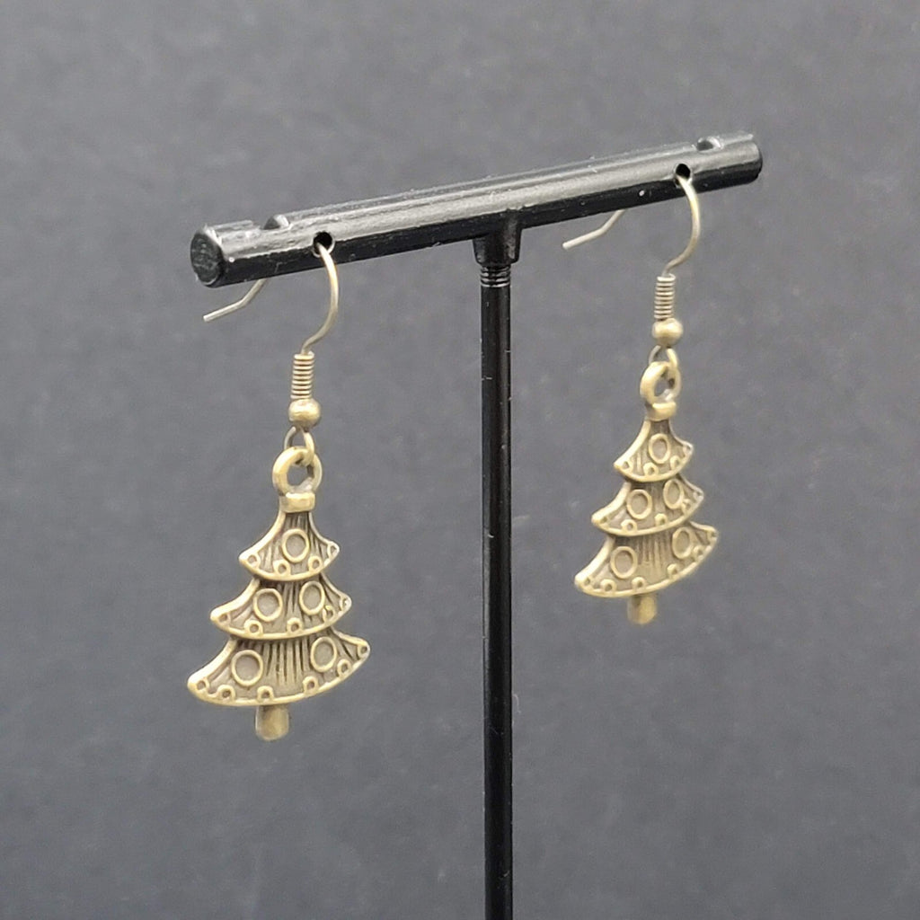 New Christmas Tree Pierced Earrings Embossed Bronze tone Dangle 1"