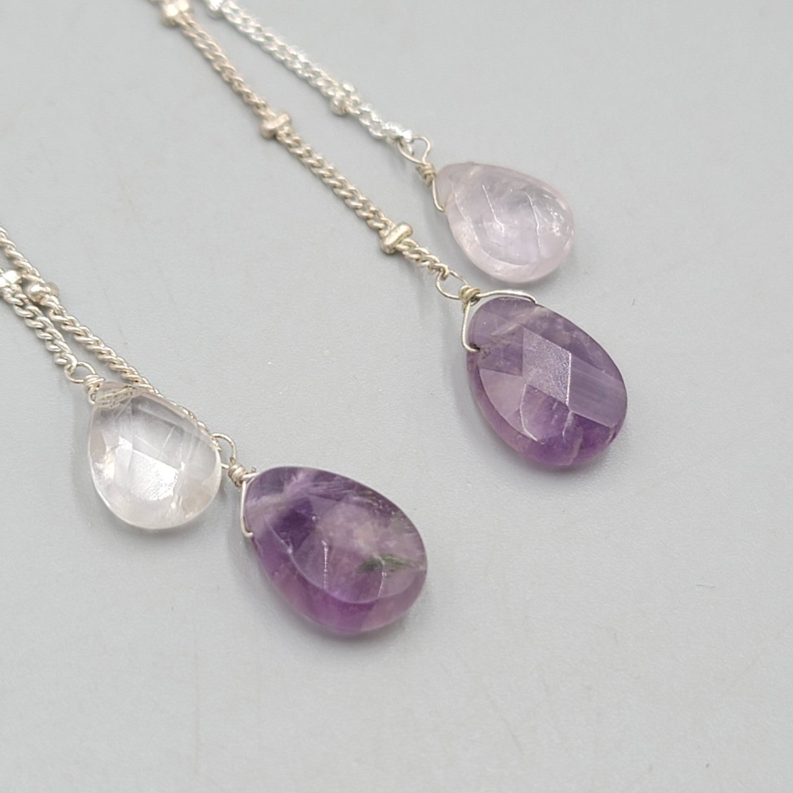 Quartz Amethyst Teardrop Pierced Earrings Silver tone Dangle  2 in