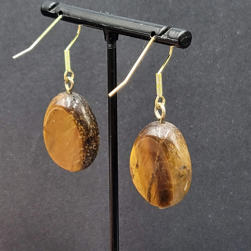 Pierced Earrings Gold tone Tigers Eye Teardrop Dangle 1 1/8"