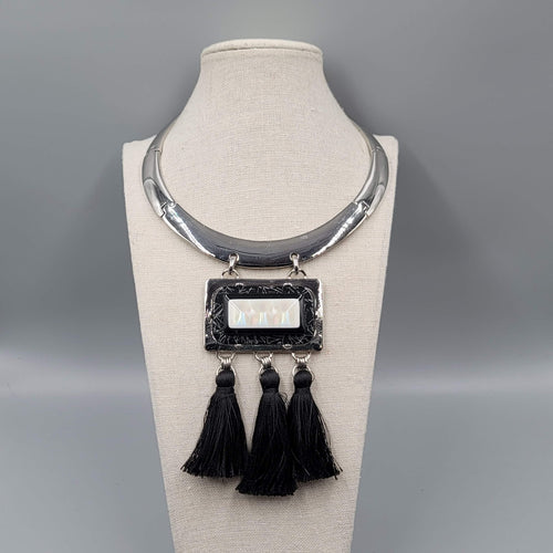 Chicos Statement Black Tassel Necklace Silver tone Iridescent Pendant 18"
