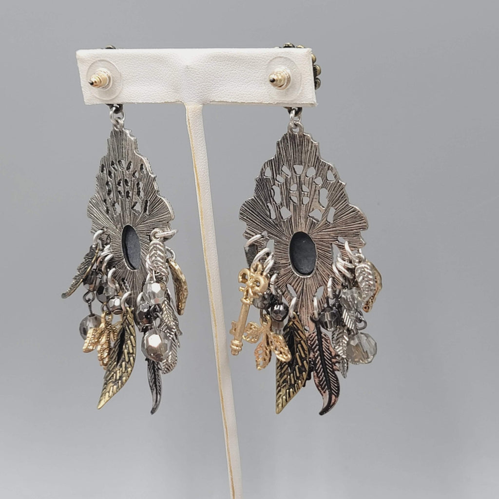 Statement Cameo Charm Pierced Earrings Tri-tone Dangle 3.75"