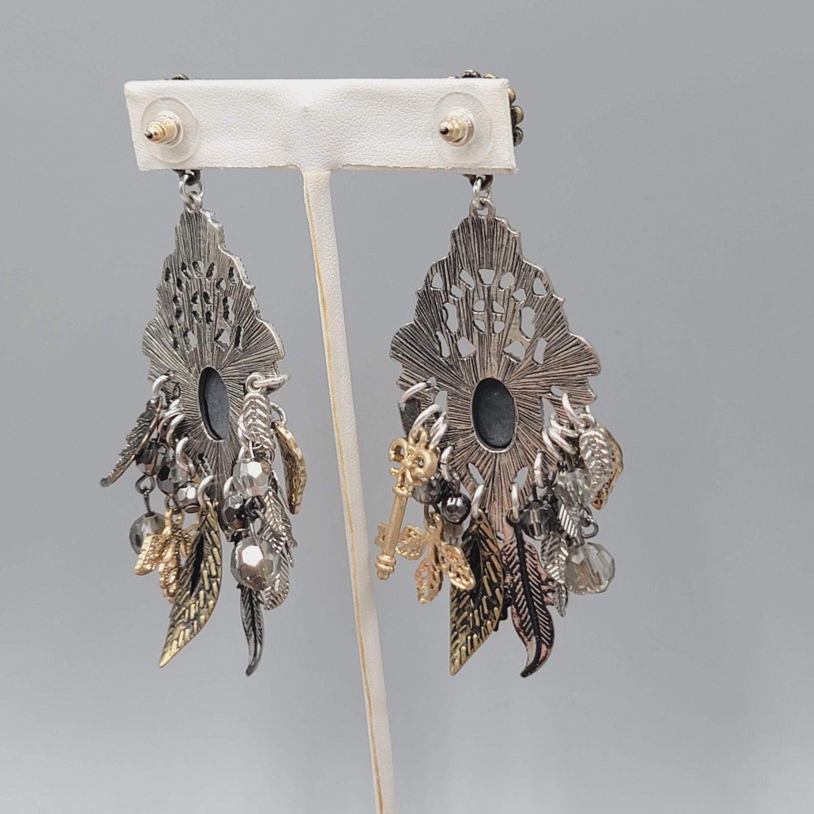 Statement Cameo Charm Pierced Earrings Tri-tone Dangle 3.75"