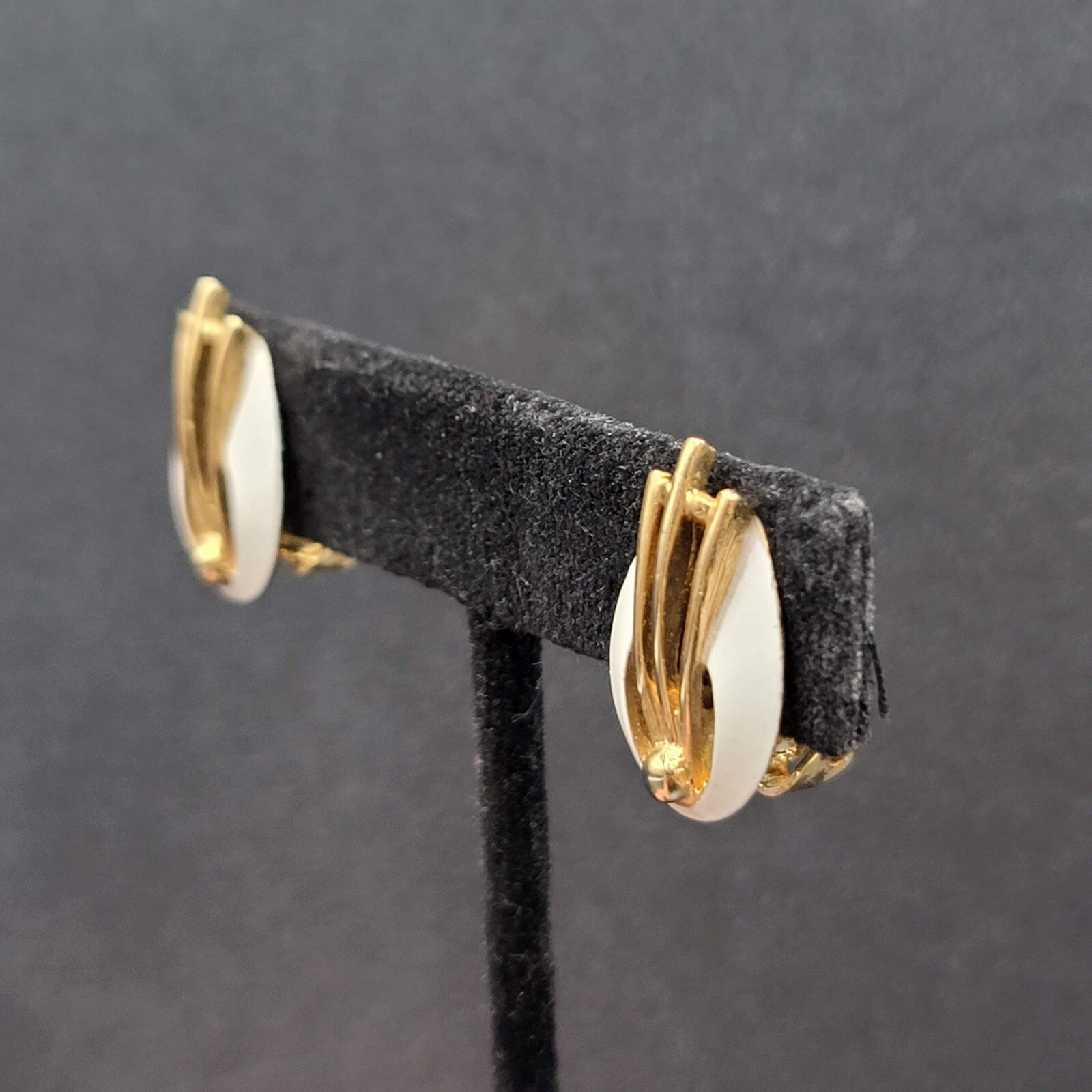Vintage Clip on Earrings Gold tone White Enamel Studs 7/8"