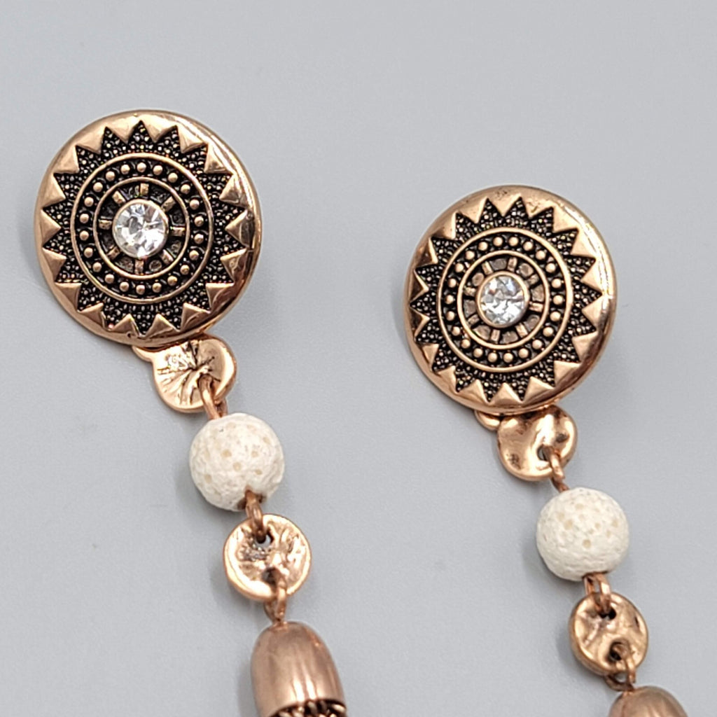 Pierced Earrings Copper tone Dangle Dangle Chains White Stone Bead 2.75"
