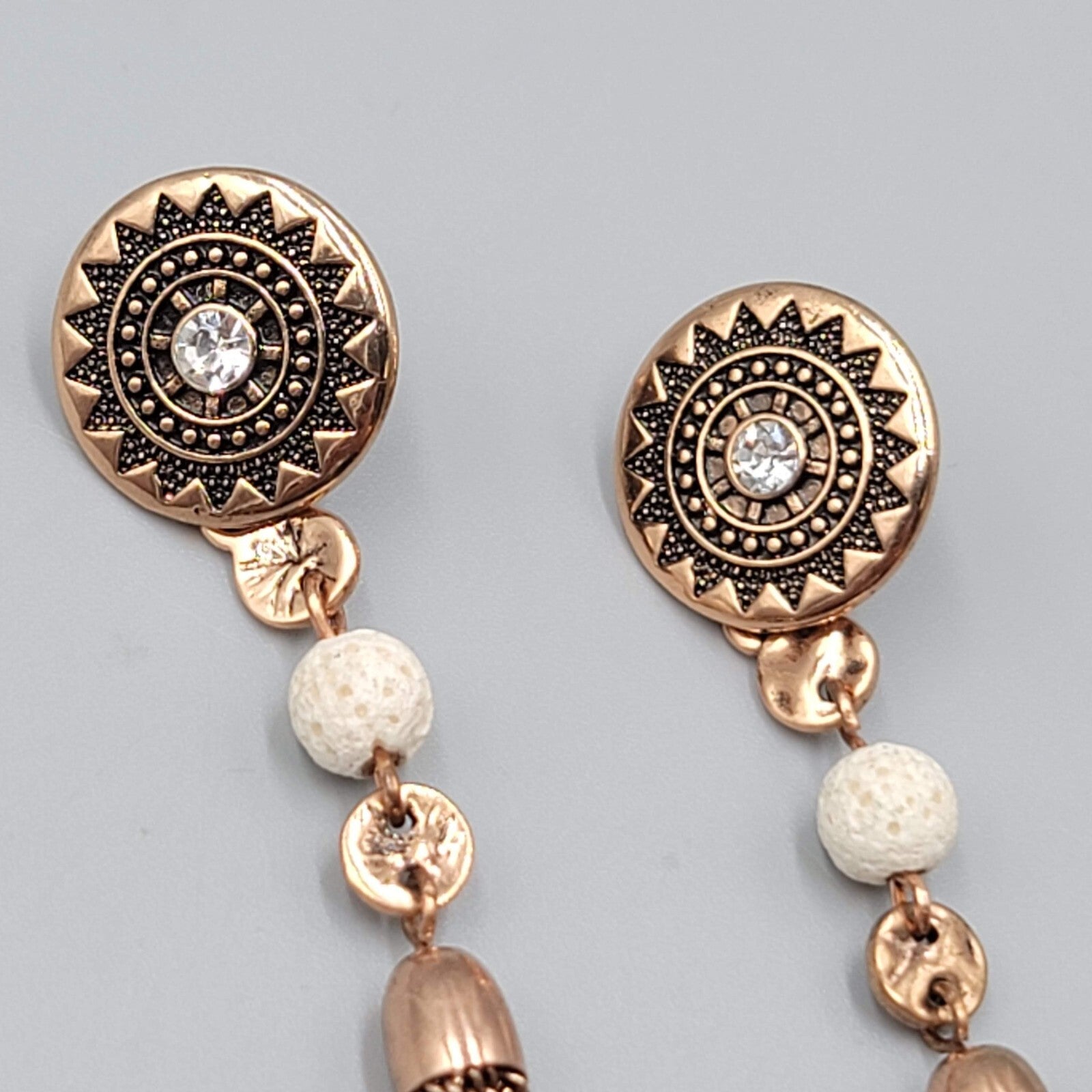 Pierced Earrings Copper tone Dangle Dangle Chains White Stone Bead 2.75"