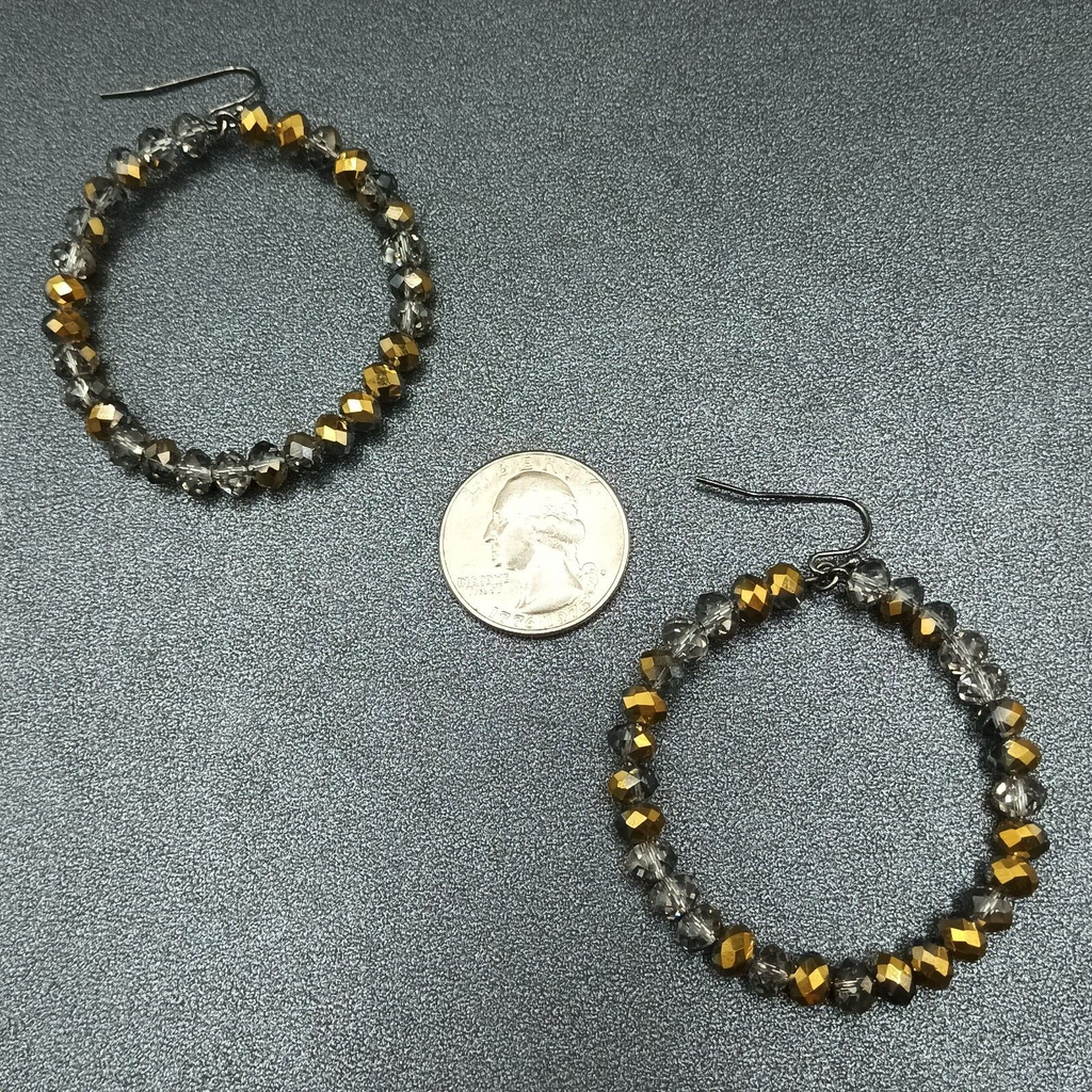 Pierced Earrings Bronze tone Faceted Glass Beaded Hoop Dangle 2"
