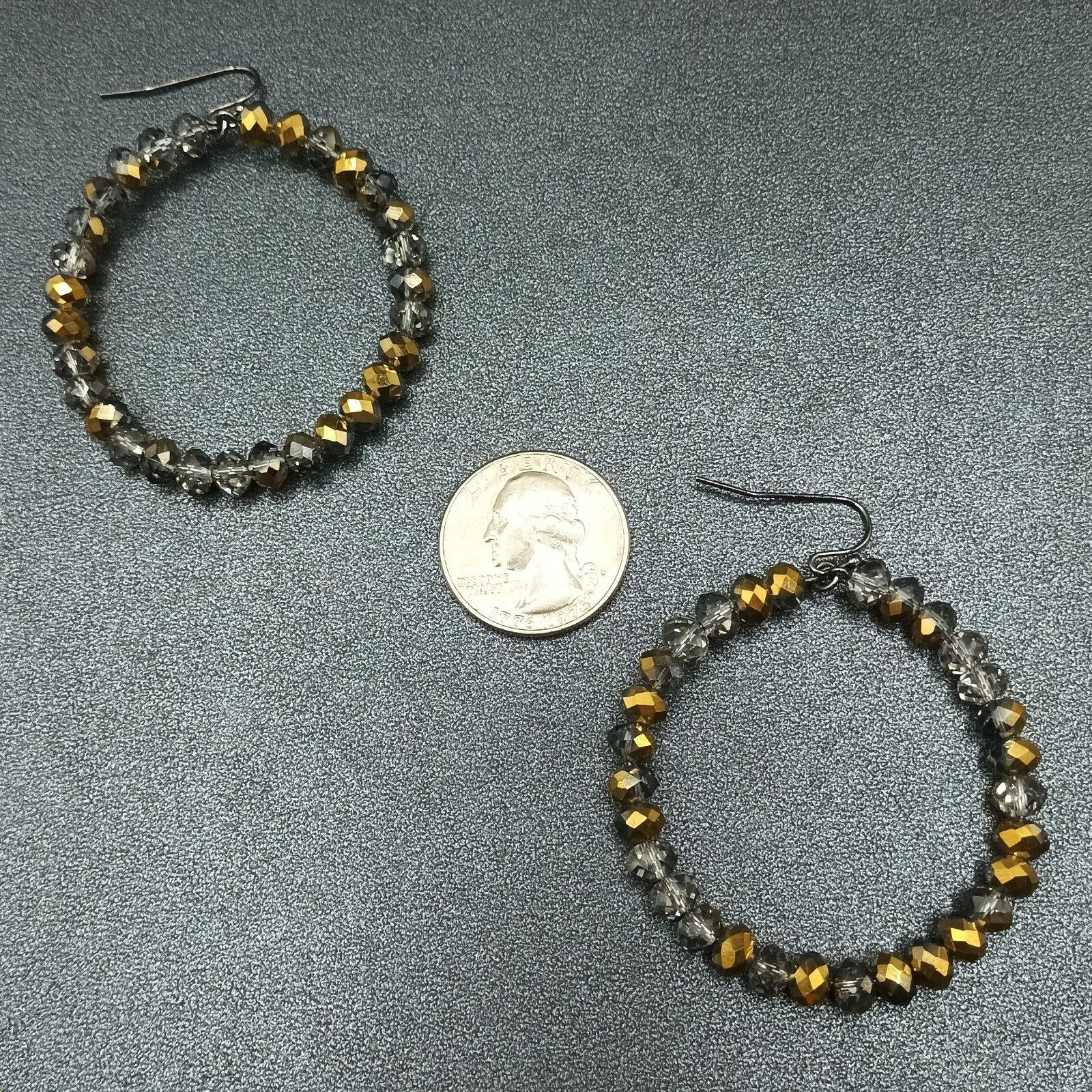 Pierced Earrings Bronze tone Faceted Glass Beaded Hoop Dangle 2"