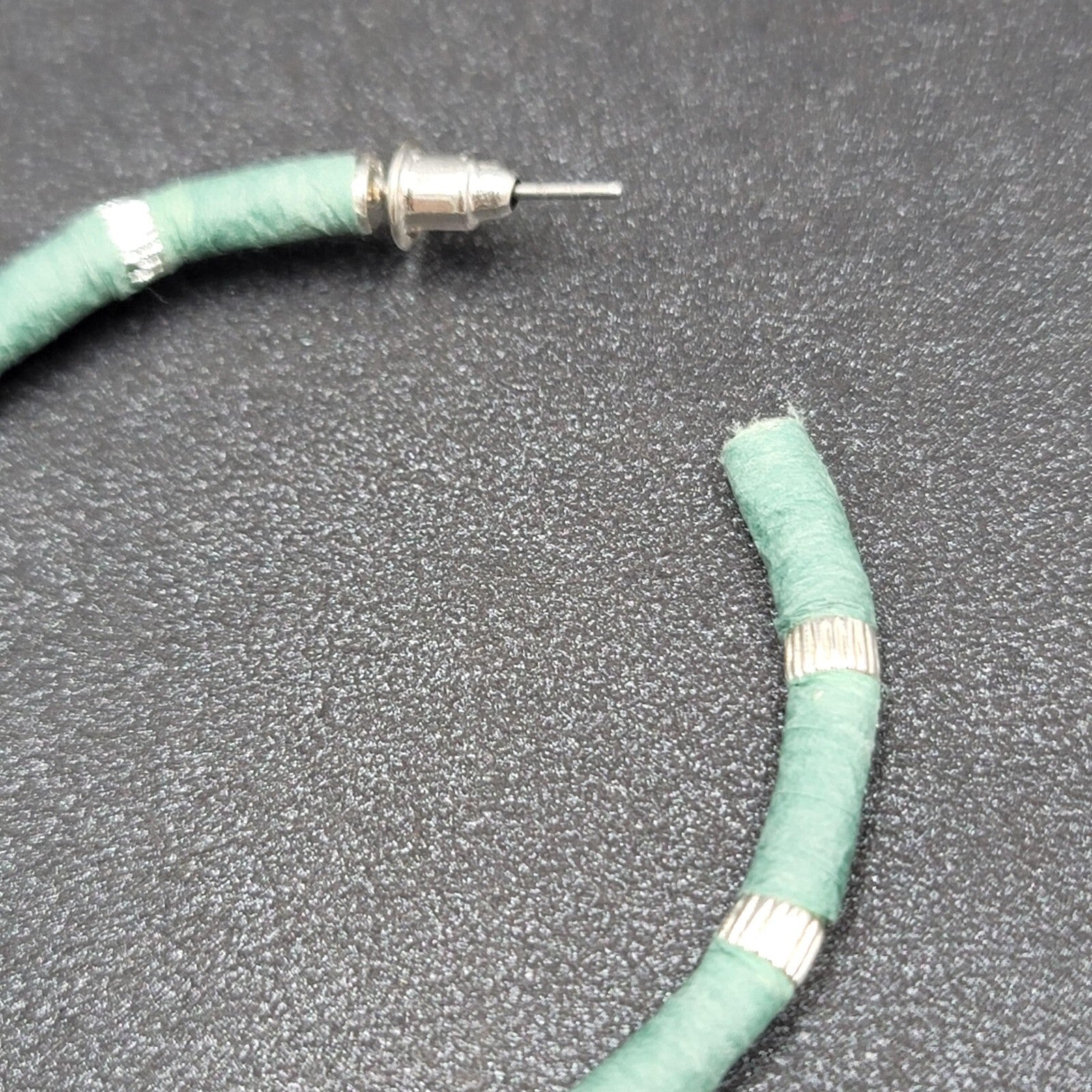 Pierced Earrings Blue Teal Raffia Wrapped Silver tone Drop Hoops 1 7/8"