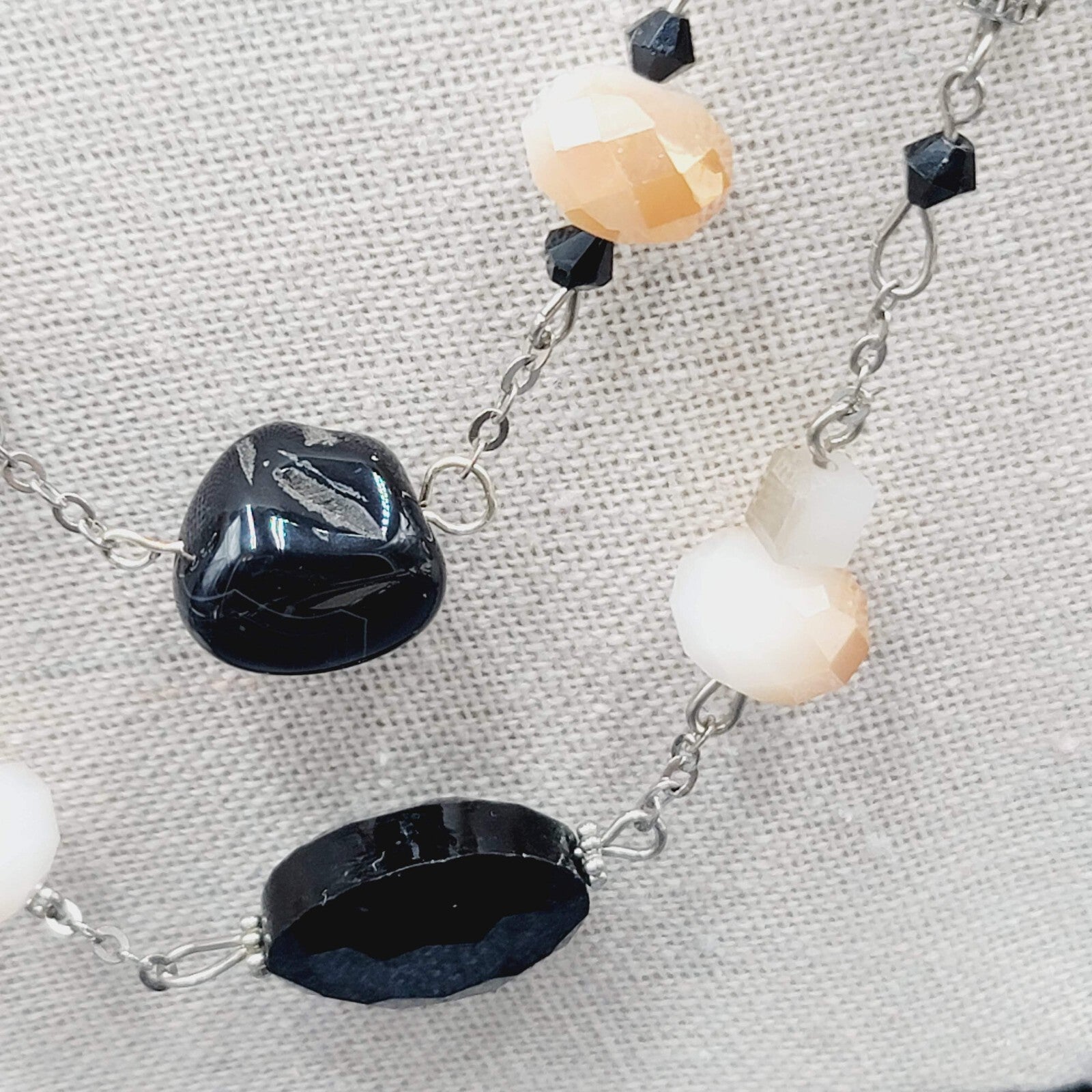 Blue Black White Stone Station Beaded Necklace Silver tone Layered  24"