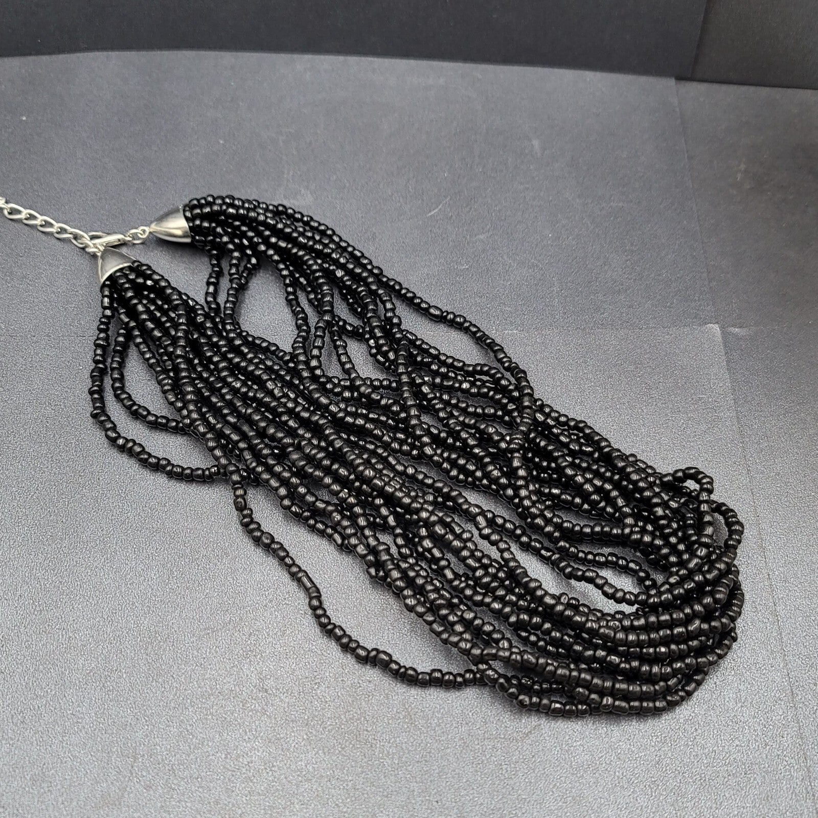 Black Glass Seed Bead 12 Strand Necklace Silver tone 20"-22.5"