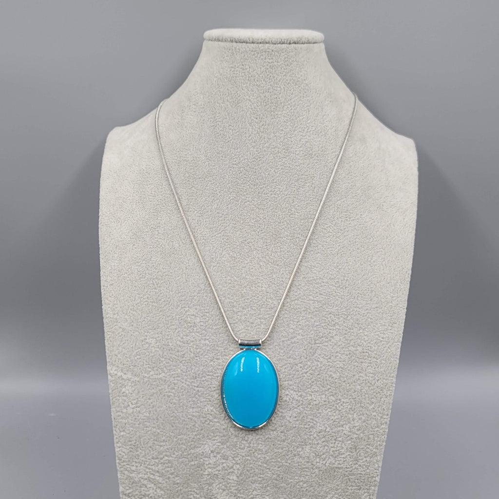 Bright Blue Glass Cabochon Pendant Necklace Silver tone Snake Chain 20 in