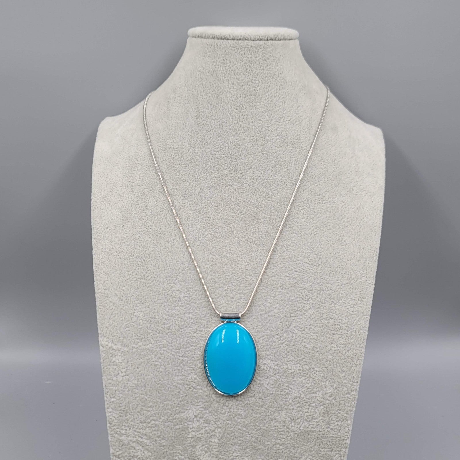 Bright Blue Glass Cabochon Pendant Necklace Silver tone Snake Chain 20 in