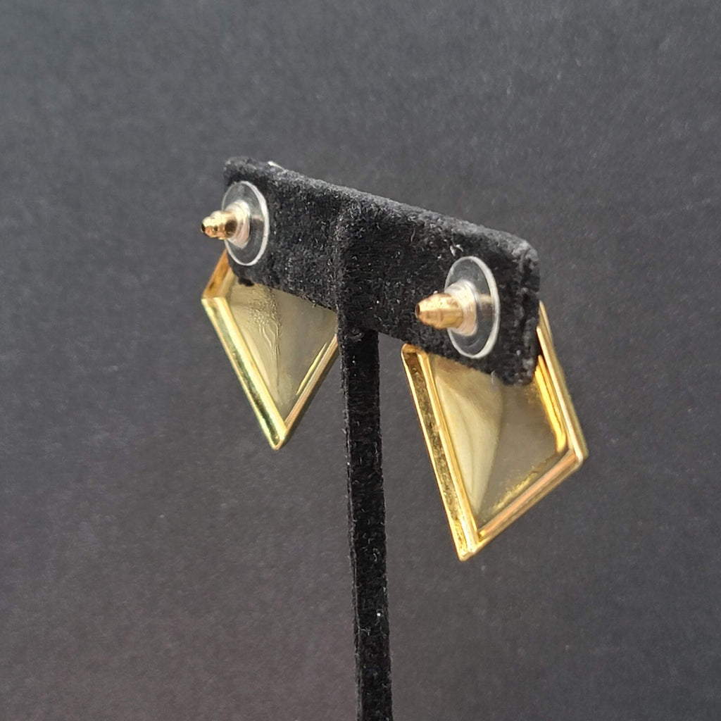 Vintage Pierced Earrings Gold tone Swirl White Gold Enamel Square Drop 1 3/8"