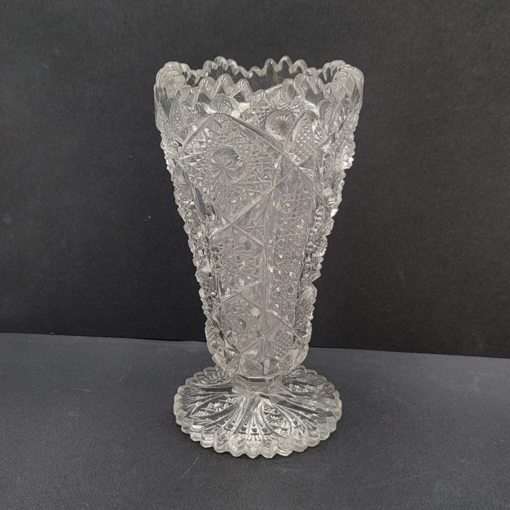 Vintage Pressed Glass Flower Vase Intricate Design 6.5"