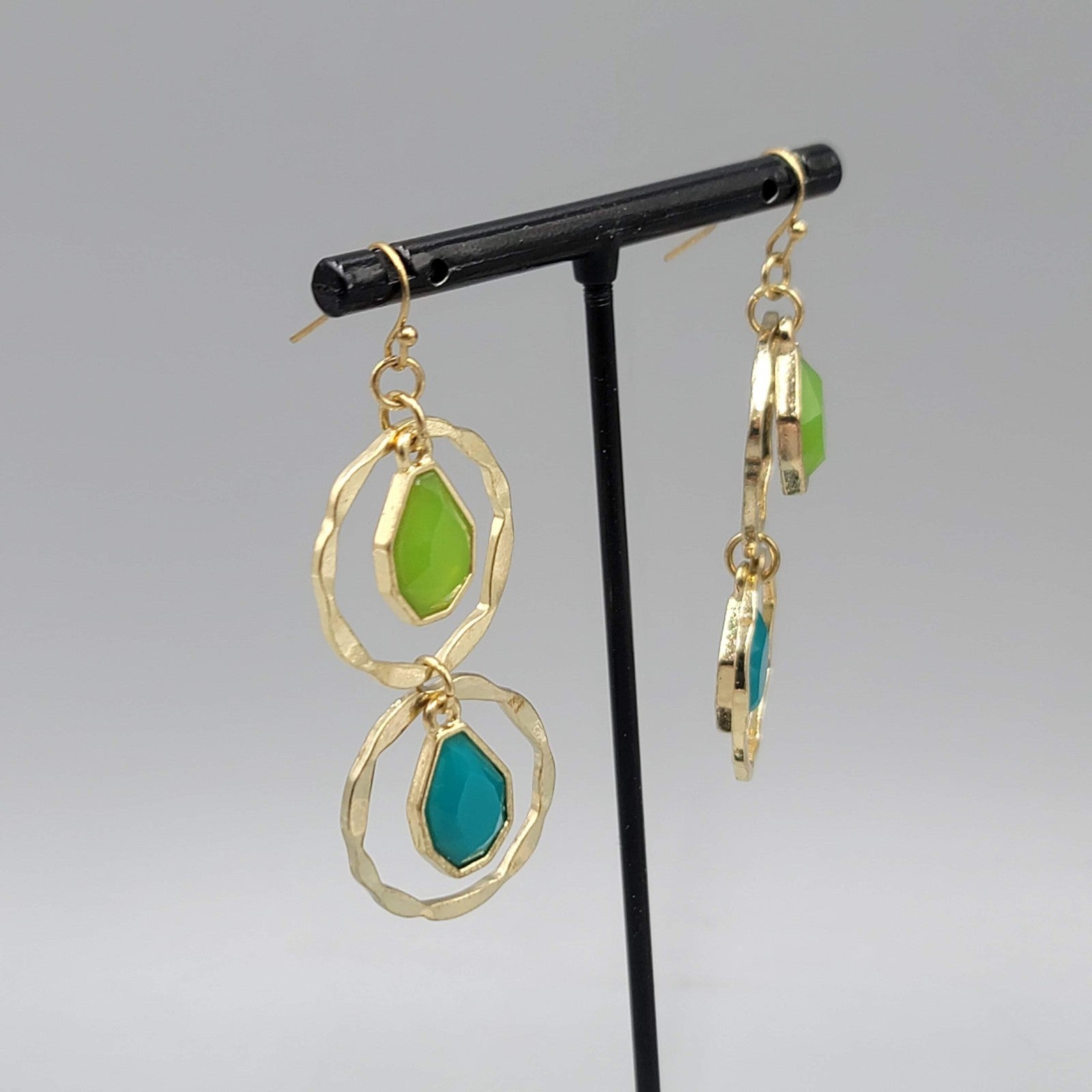 Double Ring Green Blue Pierced Earrings Gold tone Dangle 2 in