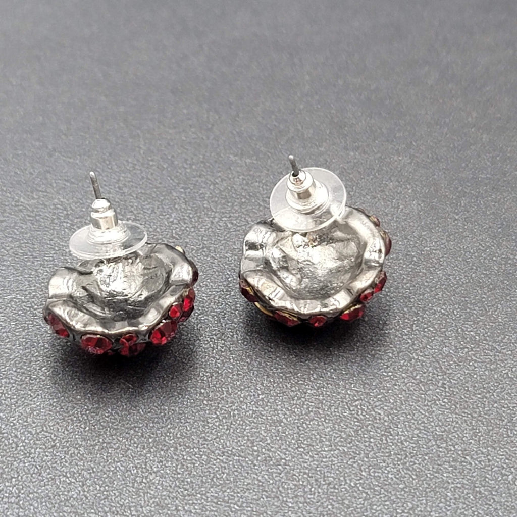 Pierced Earrings Dark Gray Metal Red Rhinestone Dome Drop Studs 3/4"