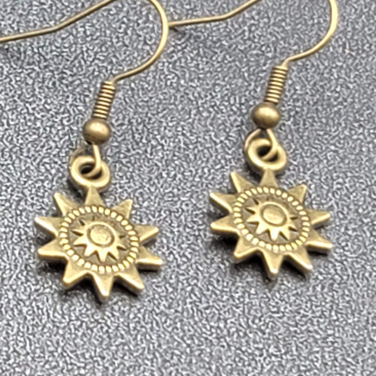 Sun Pierced Earrings Bronze tone Embossed Dangle New 5/8"