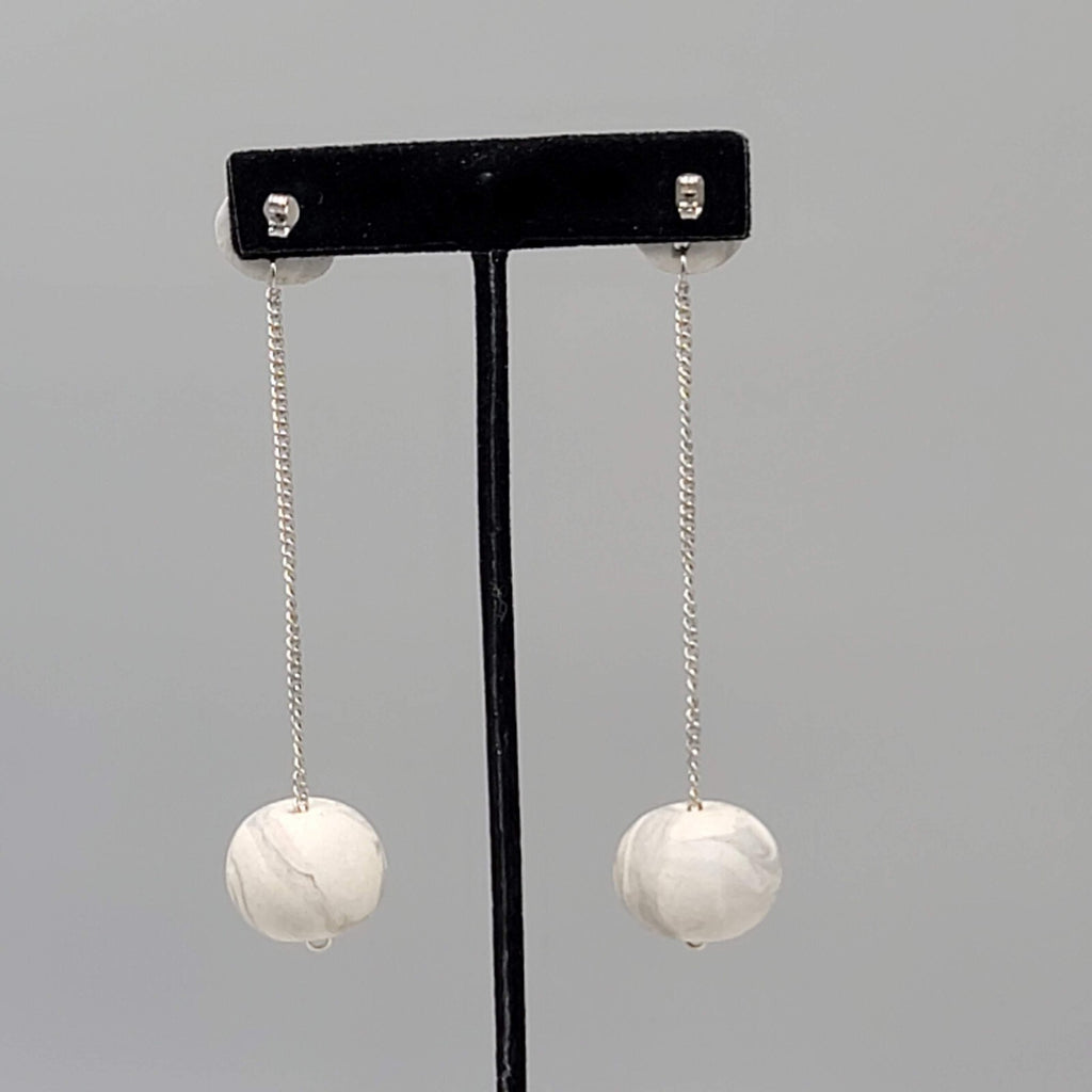 Polymer Clay Statement Pierced Earrings Silver tone Gray Dangle Long 3.75"