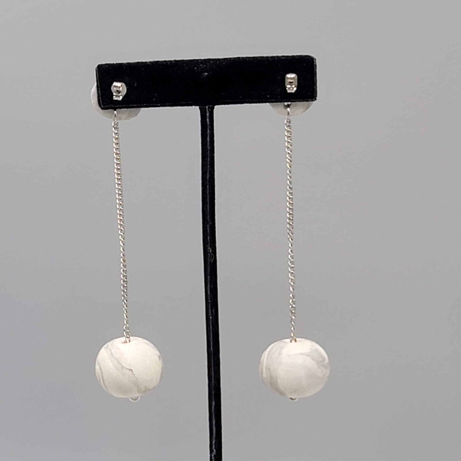 Polymer Clay Statement Pierced Earrings Silver tone Gray Dangle Long 3.75"