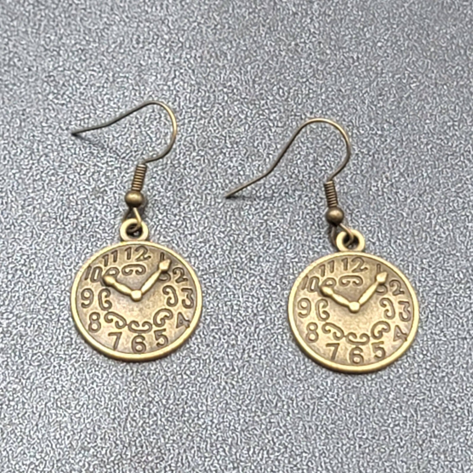 Clock Face Pierced Earrings Bronze tone Embossed Dangle 7/8"