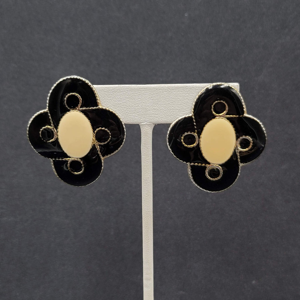 Vintage Pierced Earrings Black Cream Enamel Large Statement 1.5"