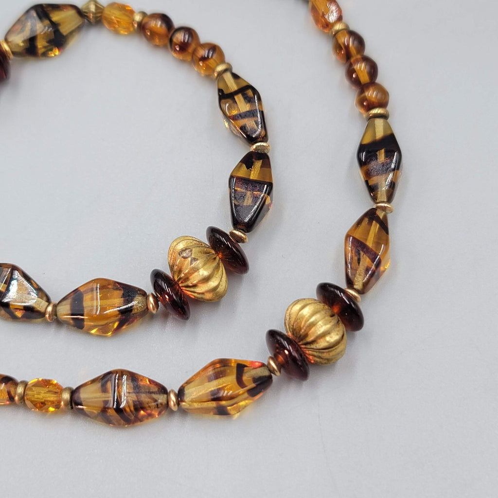 Brown Glass Bead Necklace Brass Bead 28"