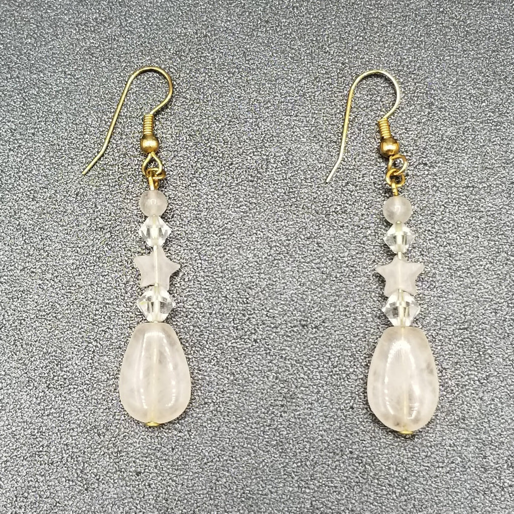 Pierced Earrings Gold tone Crystal Rose Quartz Teardrop Beaded Dangle 1 1/2"