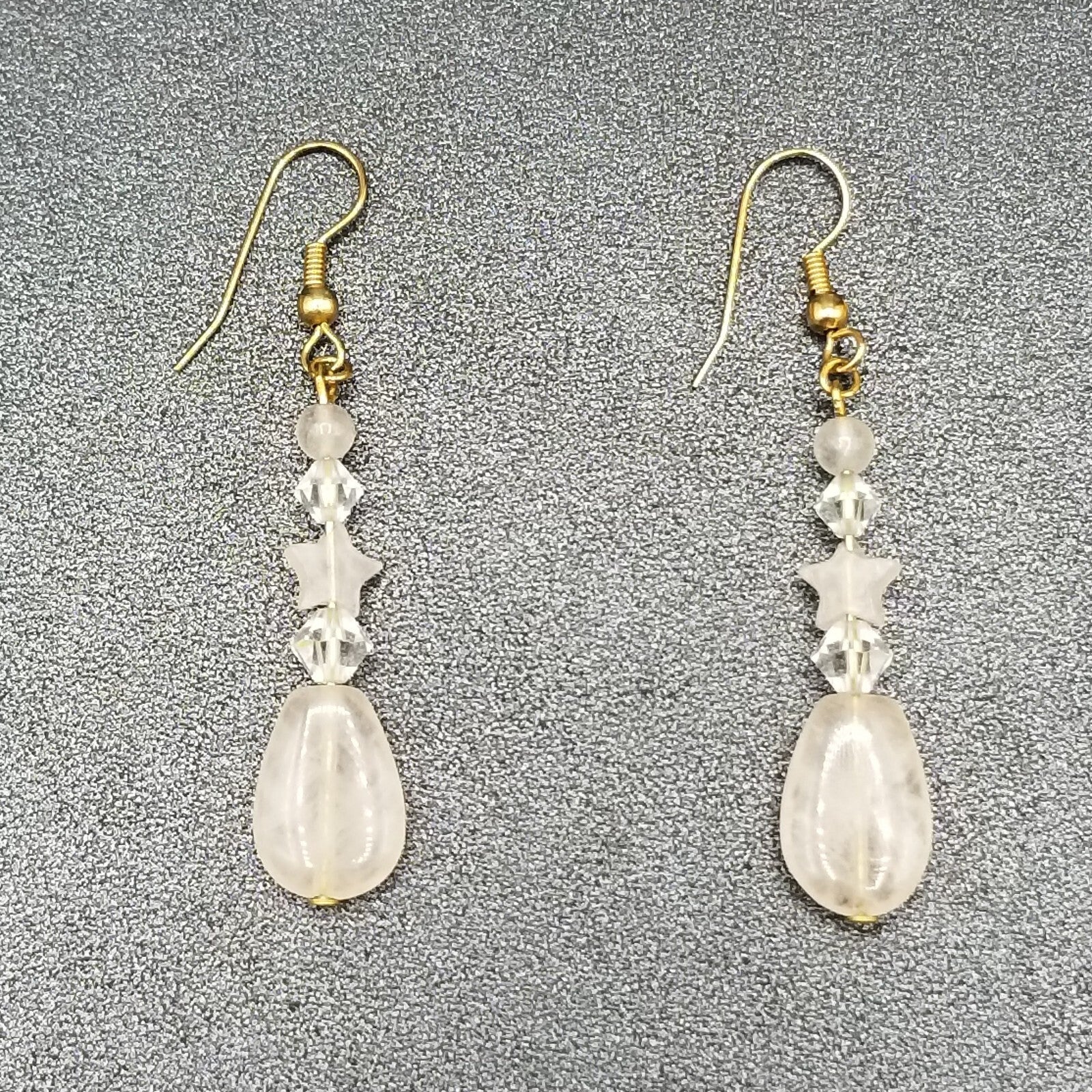 Pierced Earrings Gold tone Crystal Rose Quartz Teardrop Beaded Dangle 1 1/2"