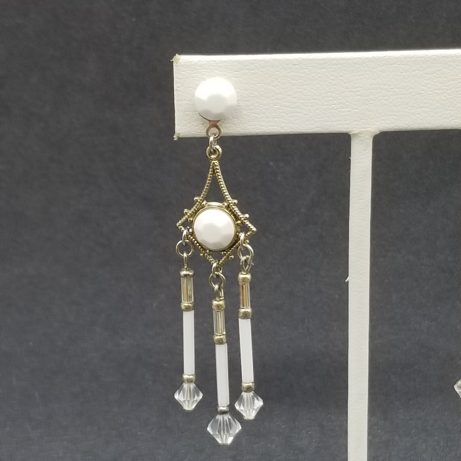 Pierced Earrings Silver tone Open Work Whited Faceted Crystal Dangle 2 1/2"