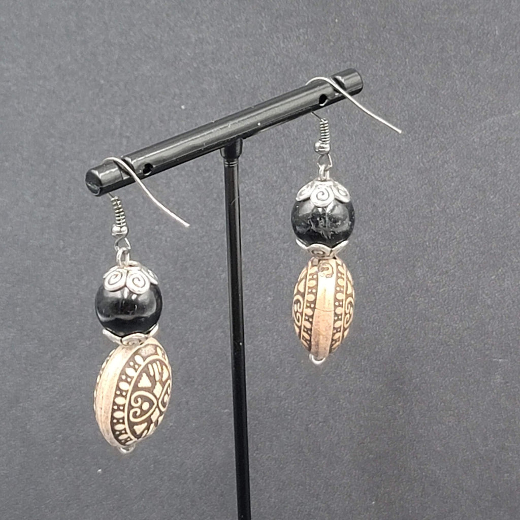 Pierced Earrings Silver tone Black Ornate Beaded Dangle 1.5"