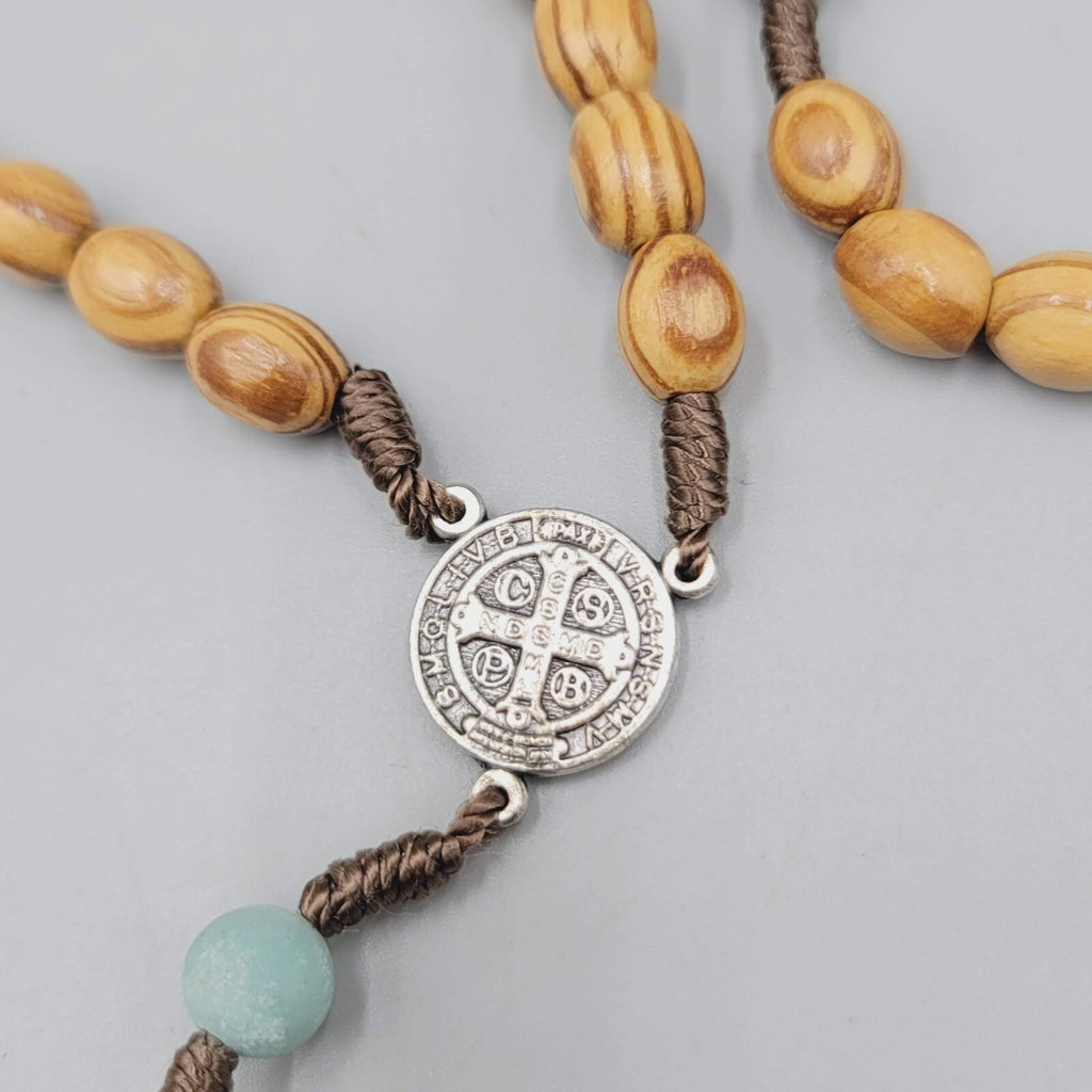 Catholic Rosary Crucifix Wood Beads Silver tone