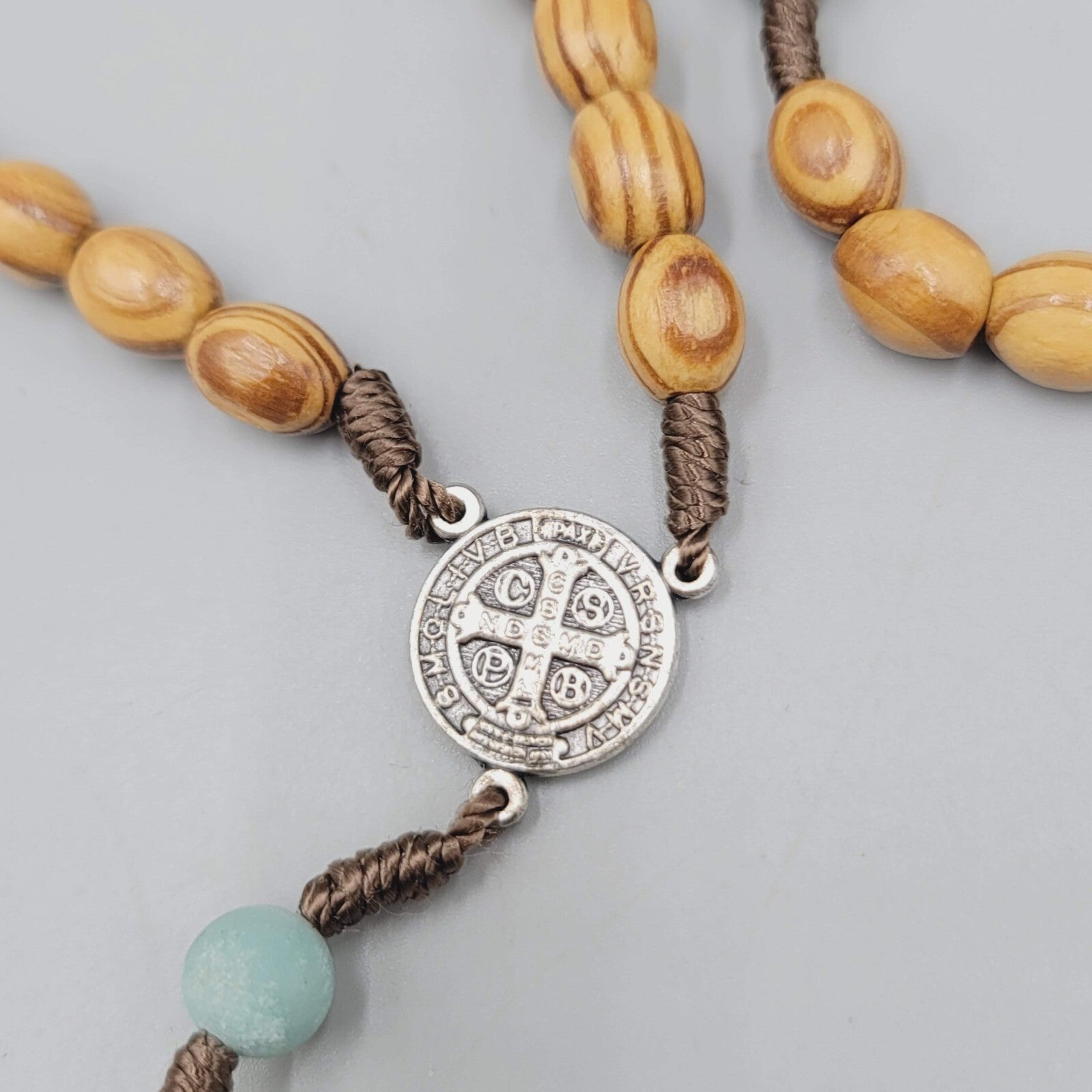 Catholic Rosary Crucifix Wood Beads Silver tone