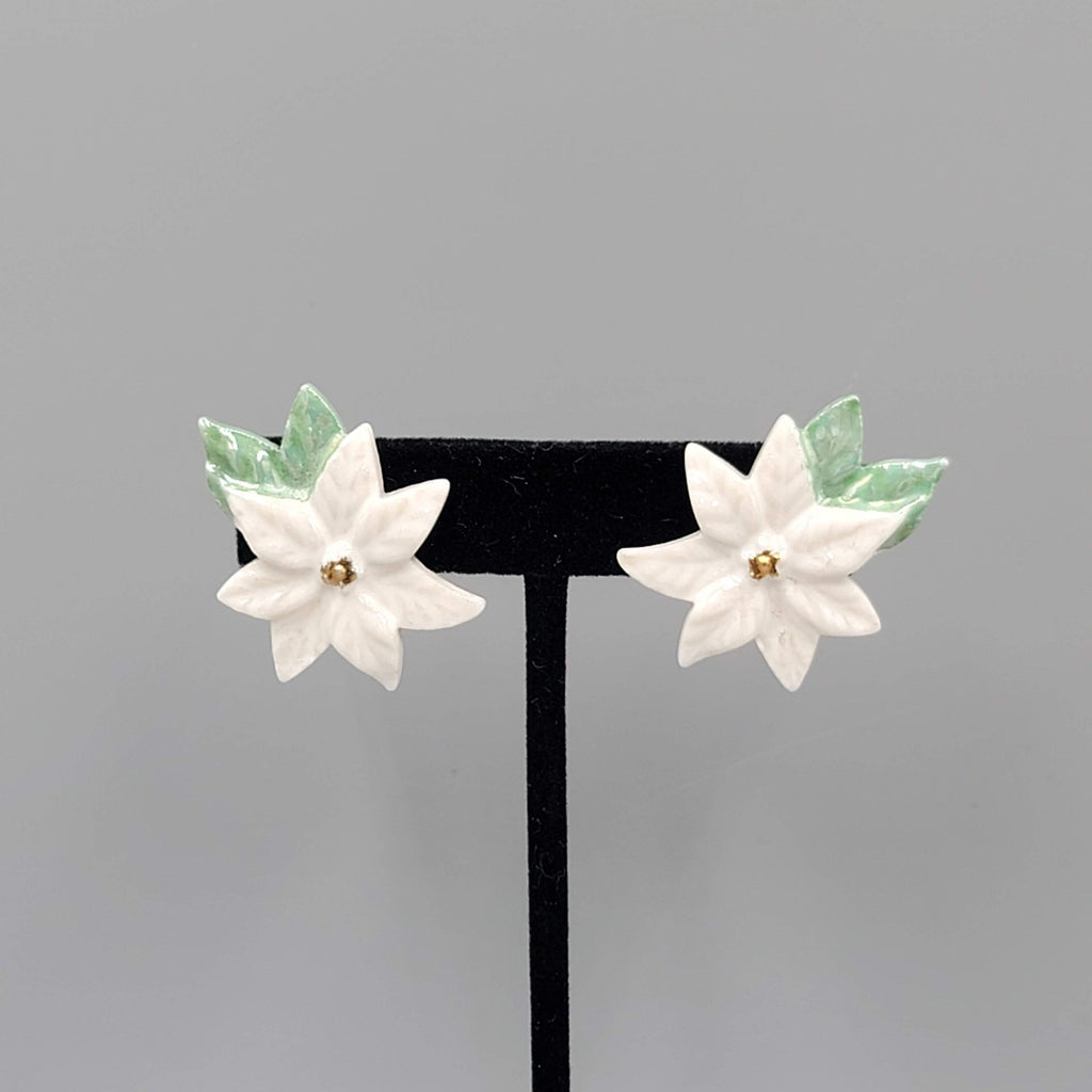 Vintage Ceramic Poinsettia Flower Clip on Earrings Drop 1.25"