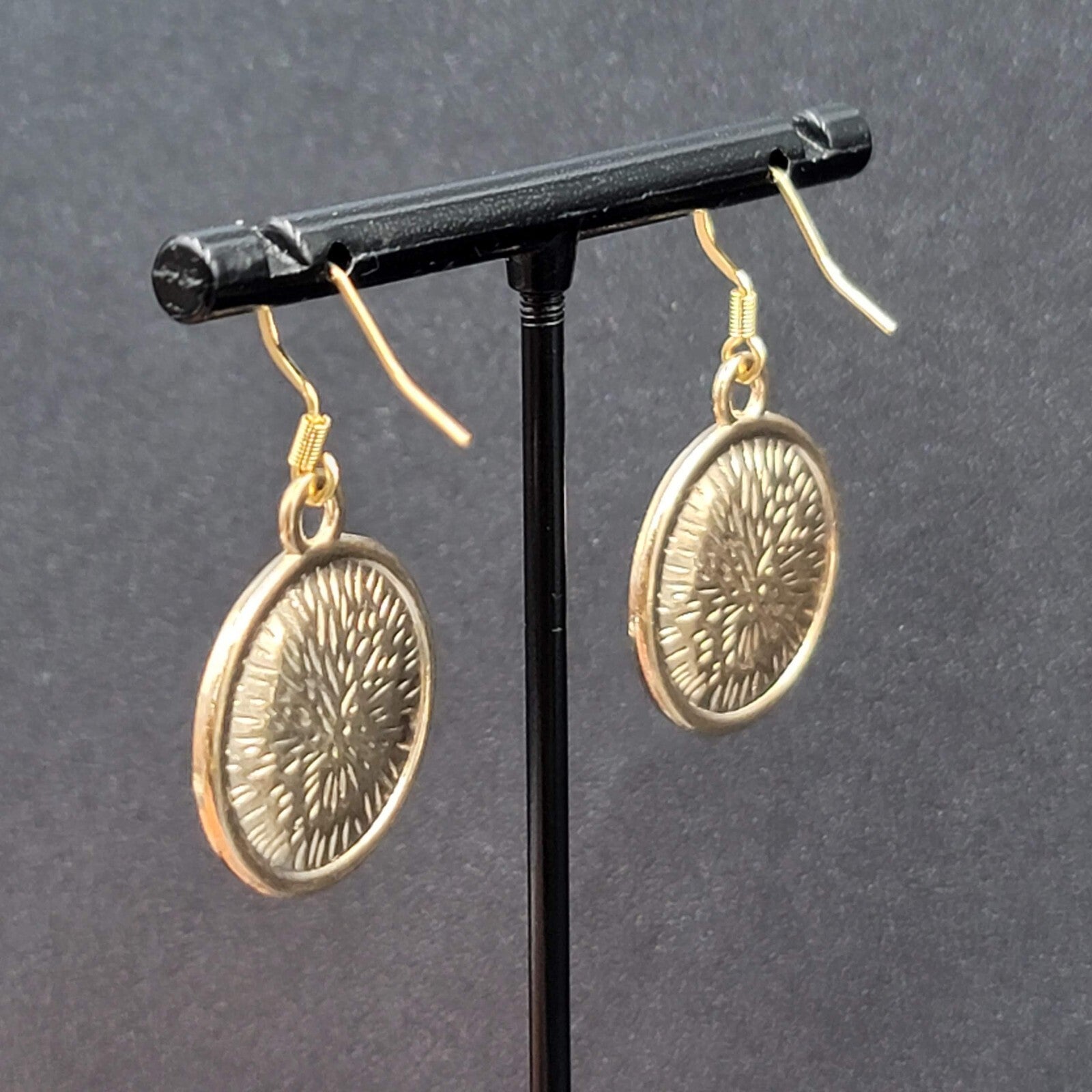 New Round Moon Pierced Earrings Gold tone Purple Enamel Dangle 1"