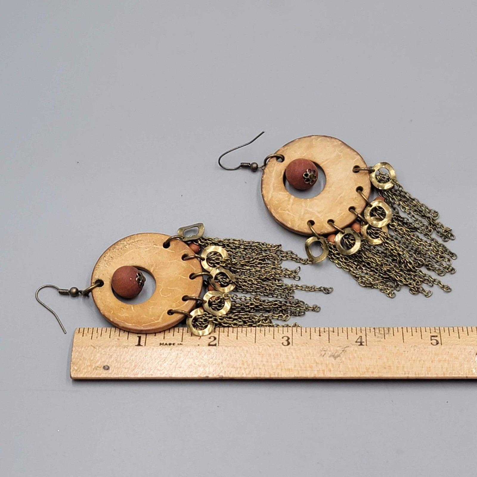 Coconut and Wood Bead Pierced Earrings Bronze tone Dangle Fringe Boho 3.25"