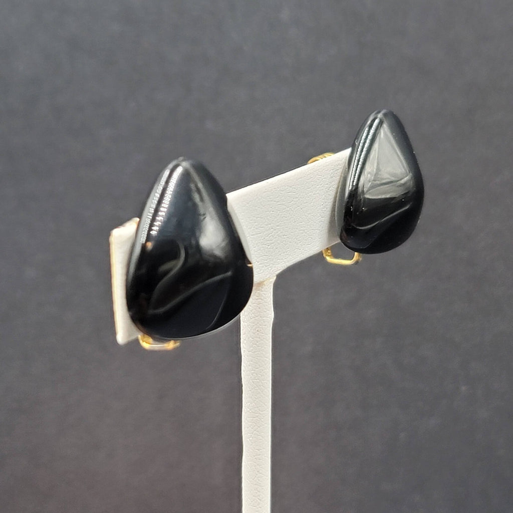 Vintage Clip on Earrings Black Glass Triangle 3/4"