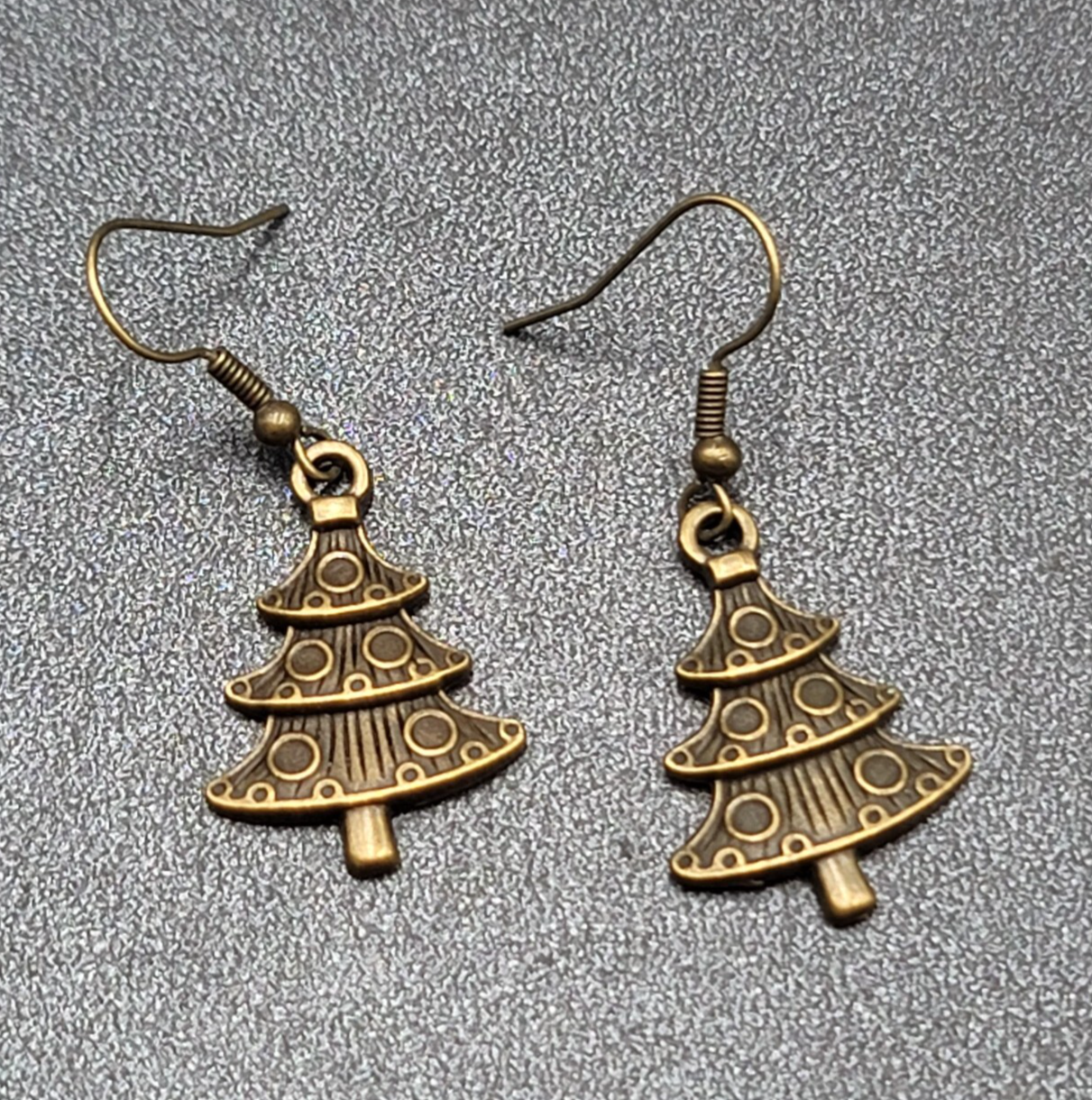 New Christmas Tree Pierced Earrings Embossed Bronze tone Dangle 1"