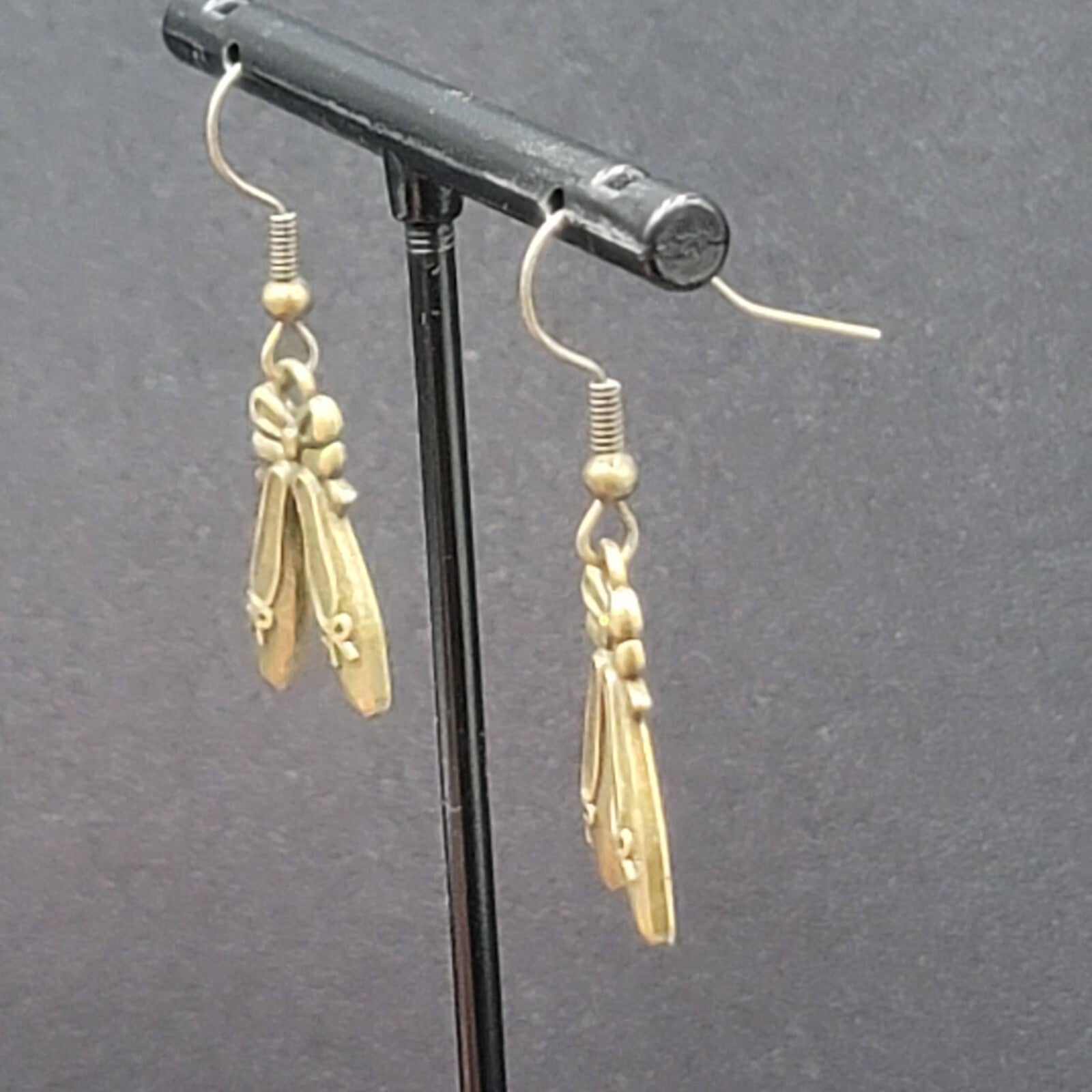 New BALLET SHOES Pierced Earrings Bronze tone Dangle Embossed 7/8"