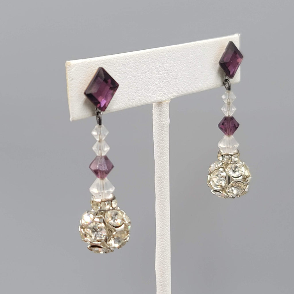 Vintage Purple Rhinestone Pierced Earrings Silver tone Bead Dangle  1.75"
