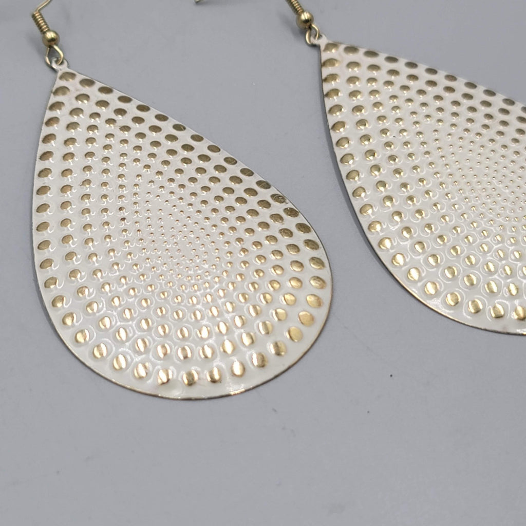 Large Statement Teardrop White Enamel Pierced Earrings Gold tone Dangle 3"