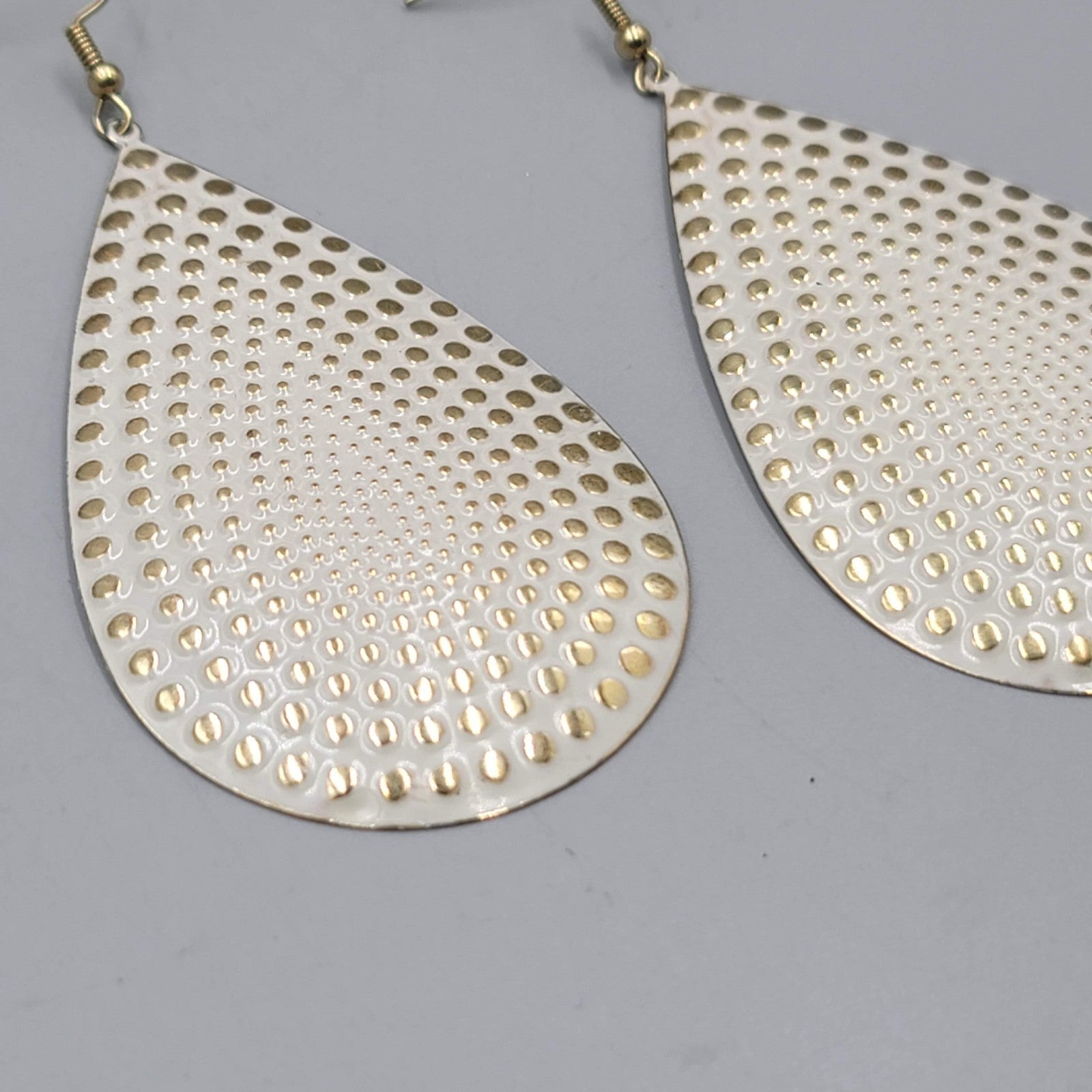 Large Statement Teardrop White Enamel Pierced Earrings Gold tone Dangle 3"