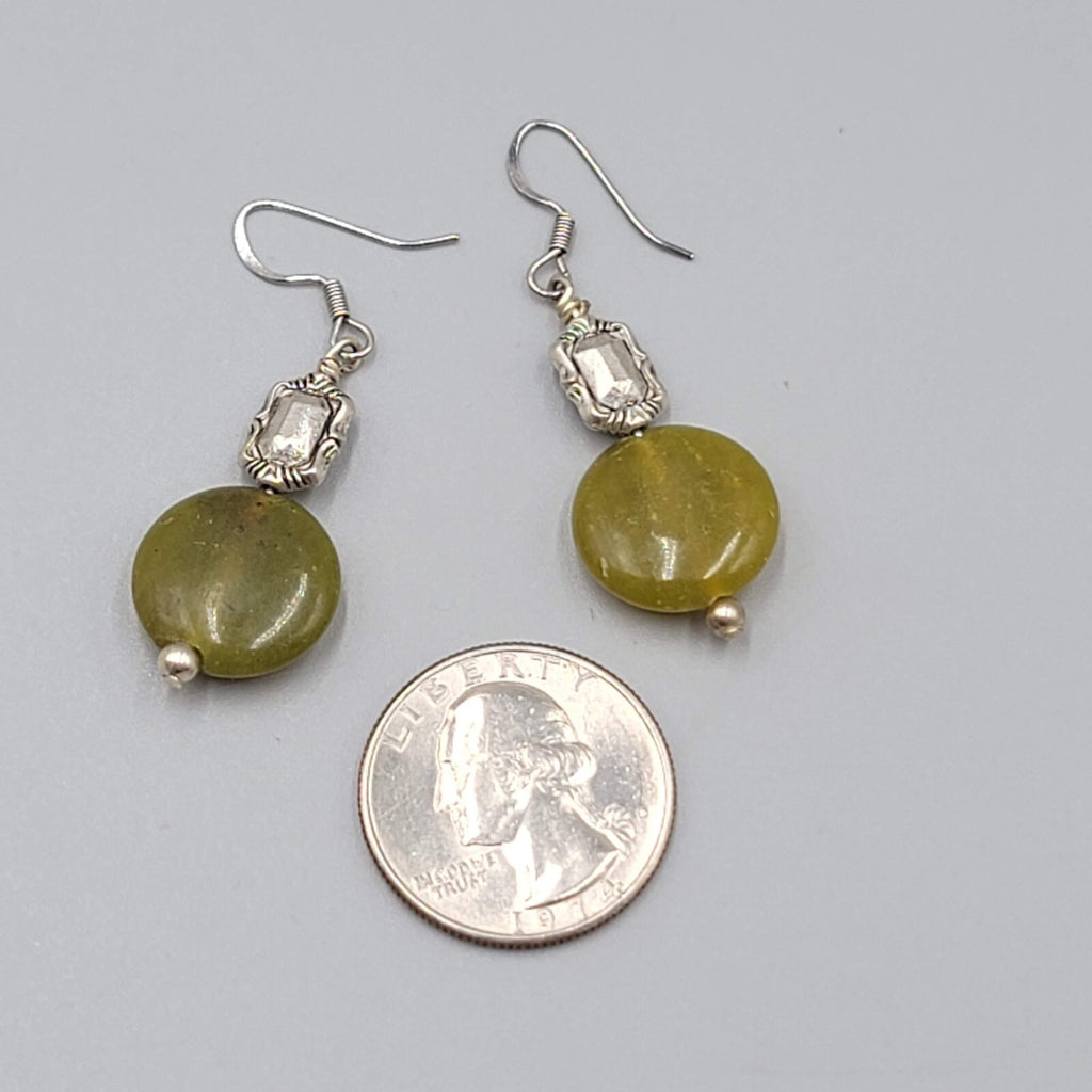 Round Green Stone Pierced Earrings Silver tone Dangle 1.25"