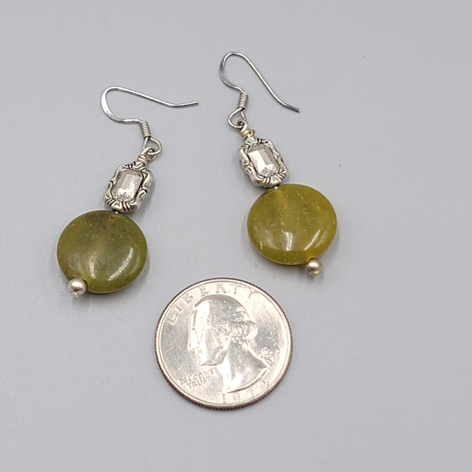Round Green Stone Pierced Earrings Silver tone Dangle 1.25"