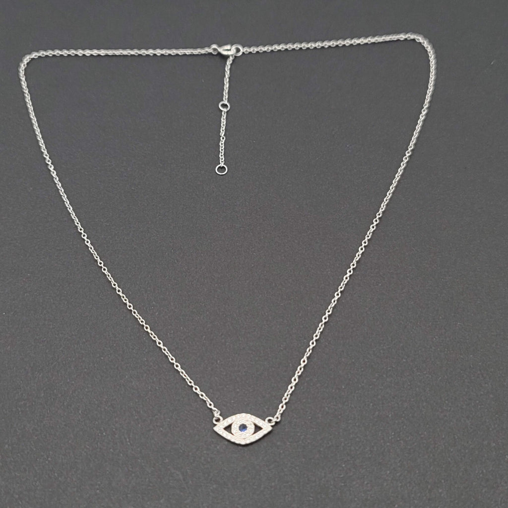 Evil Eye Sterling Silver Necklace Blue Clear Crystals 16" 17" or 18" Adj