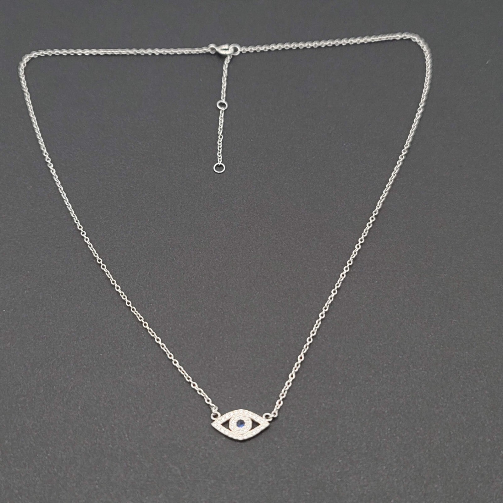 Evil Eye Sterling Silver Necklace Blue Clear Crystals 16" 17" or 18" Adj