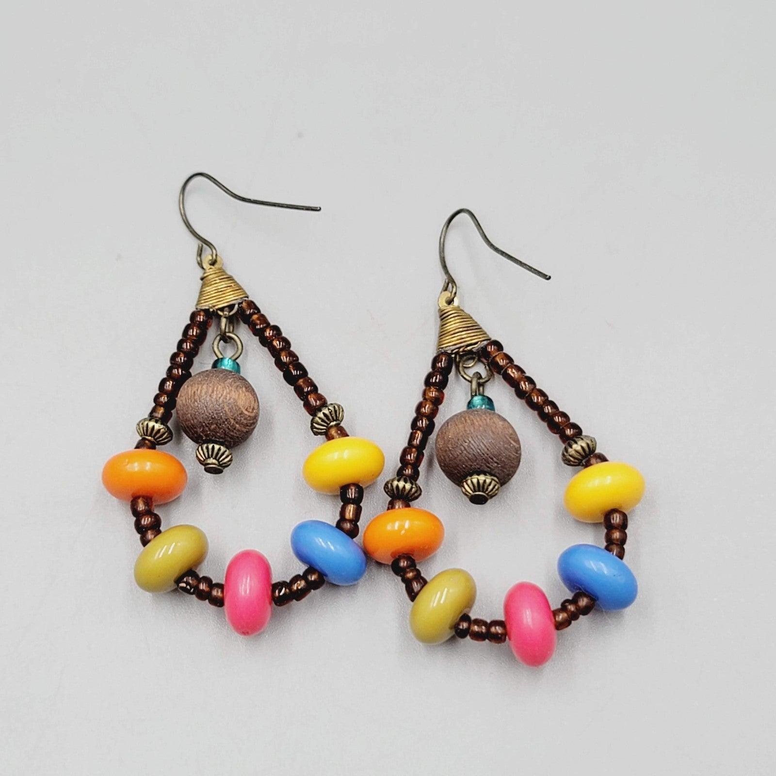 Multicolor Wood Beads Pierced Earrings Teardrop Dangle 2"